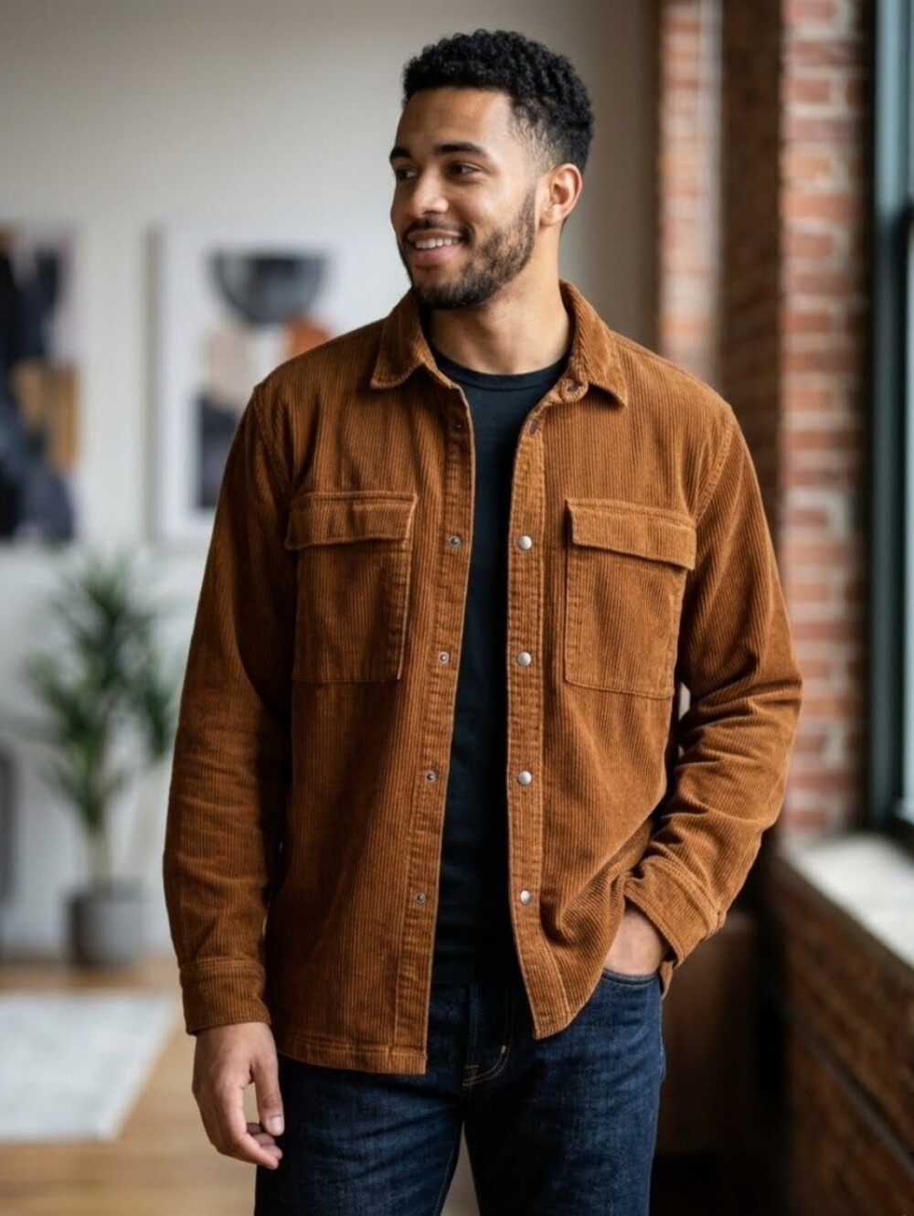 No Boundaries Men's Corduroy Shirt Jacket in Rust Brown